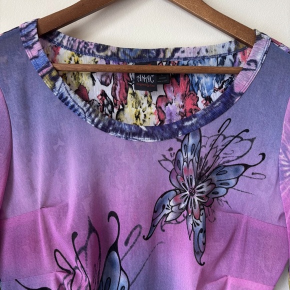 Anac by Kimi Floral Mesh Tunic Large Purple Draped Front - Picture 2 of 7